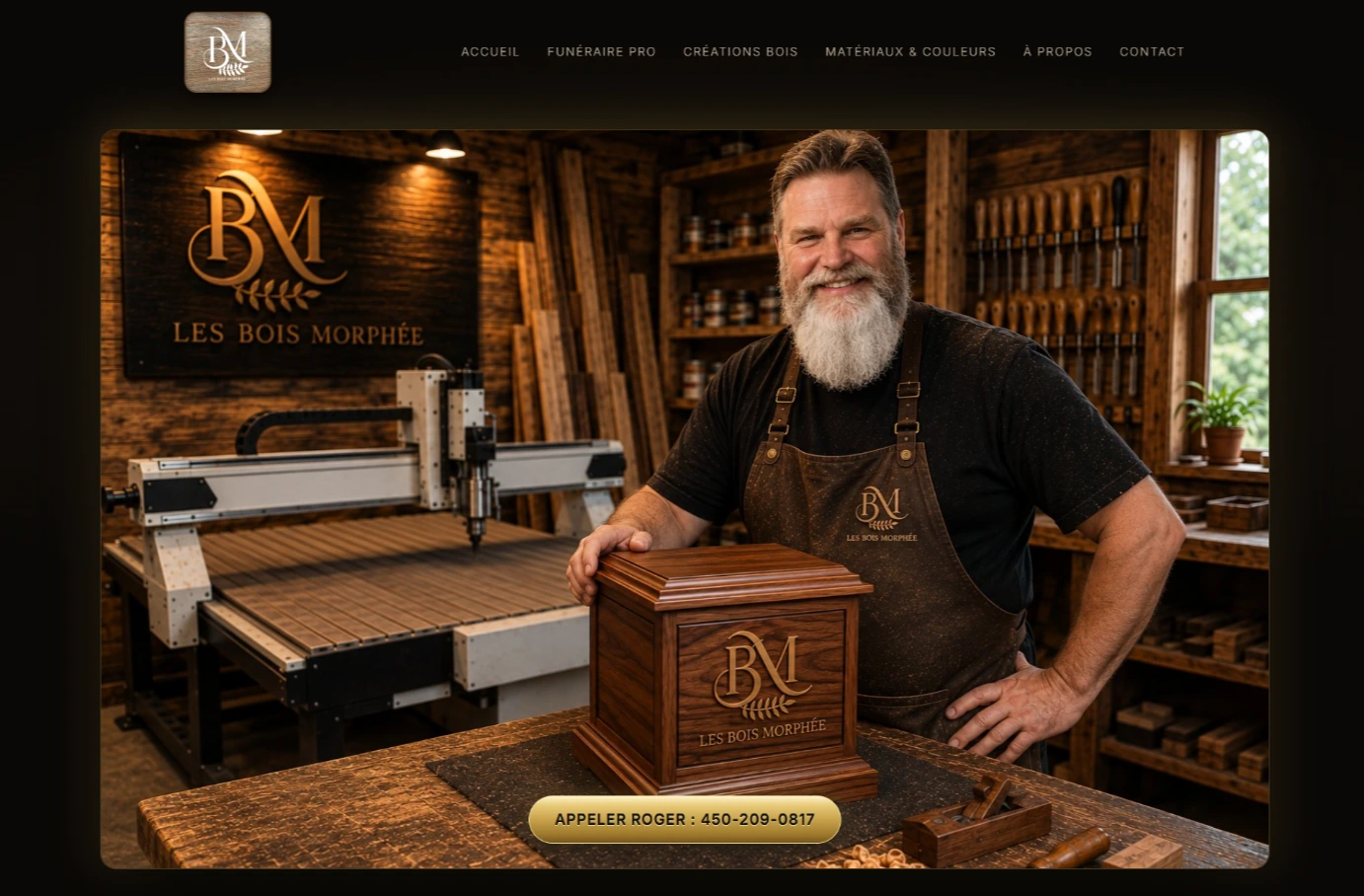 Capture de la maquette proposée pour Les Bois Morphée : logo, atelier d’ébénisterie et artisan Roger